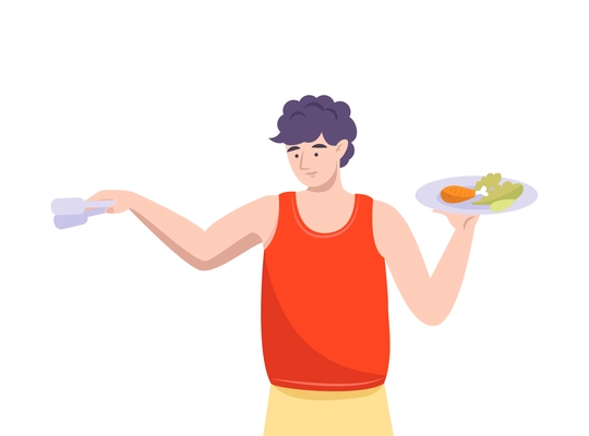 Flat boy with plate taking food vector illustration