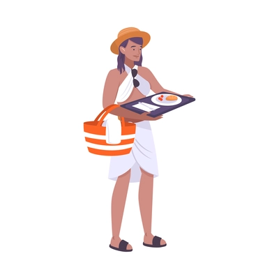 Woman holding tray with meal flat vector illustration