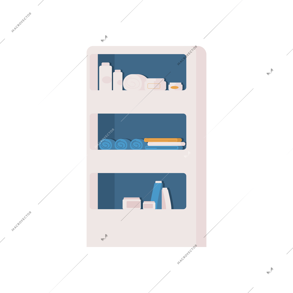 Spa accessories and cosmetics in rack flat icon on white background vector illustration