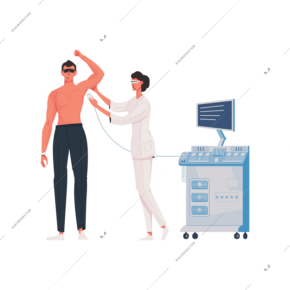 Man at procedure of armpit laser epilation flat vector illustration