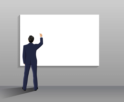 Businessman with pen in right hand full length back in front of white board vector illustration