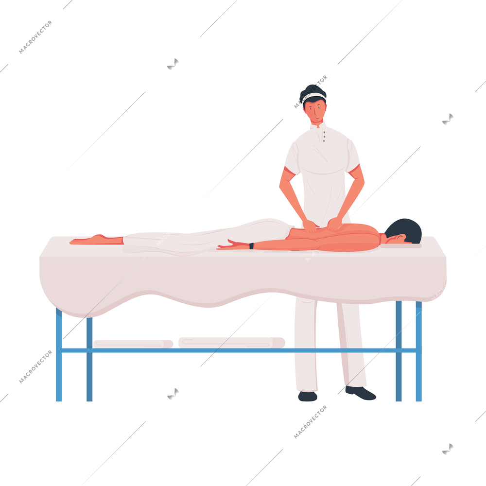 Male human character during massage session flat vector illustration