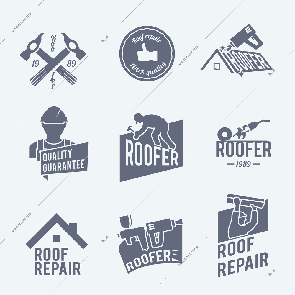 Roofer construction worker tradesman house builder grey icons set isolated vector illustration