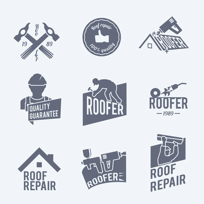 Roofer construction worker tradesman house builder grey icons set isolated vector illustration