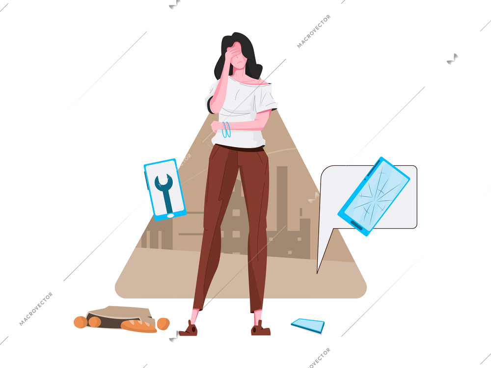 Sad woman and smartphone with broken screen icon flat composition vector illustration