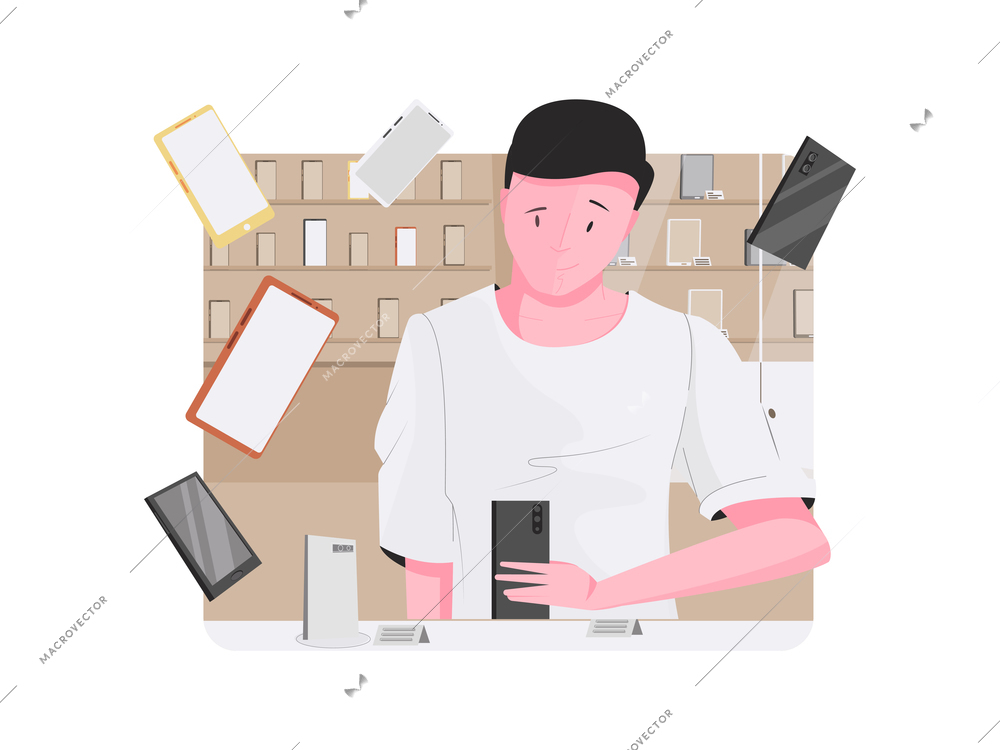 Flat composition with human character at smartphone shop vector illustration