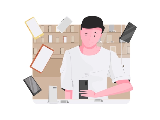 Flat composition with human character at smartphone shop vector illustration