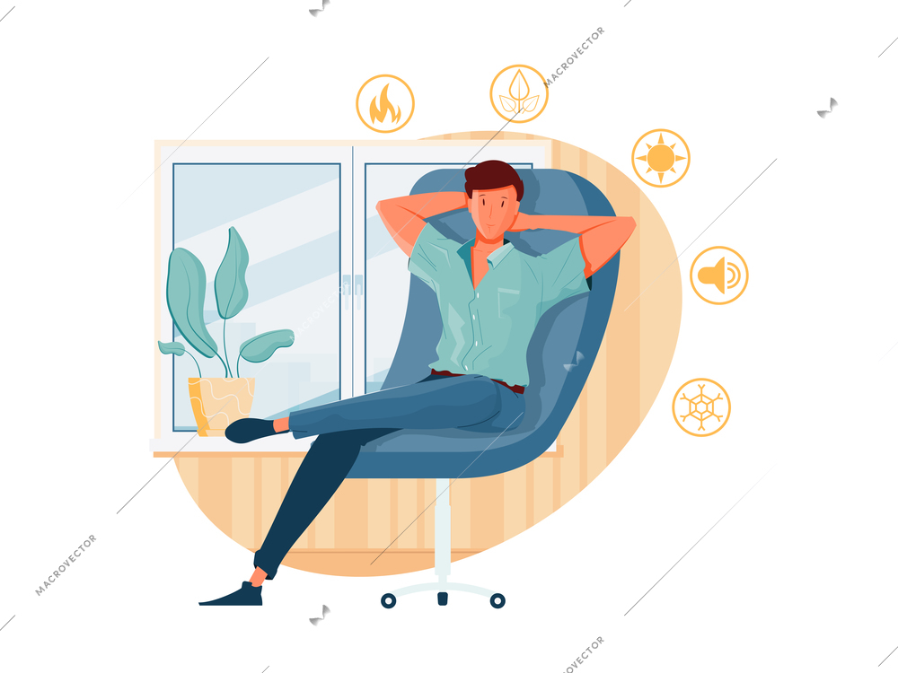 Flat concept with happy man in room with installed high quality new plastic windows vector illustration
