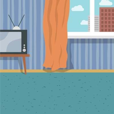 Indoor flat interior with retro tv carpet and window curtain background vector illustration