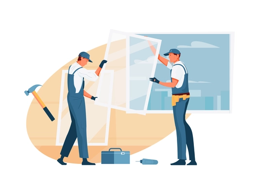 Two workers installing plastic windows flat vector illustration