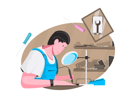 Smartphone repair specialist at his workshop flat vector illustration