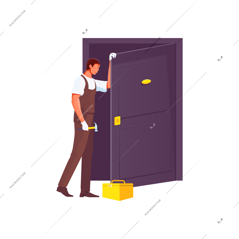 Worker repairing door flat vector illustration