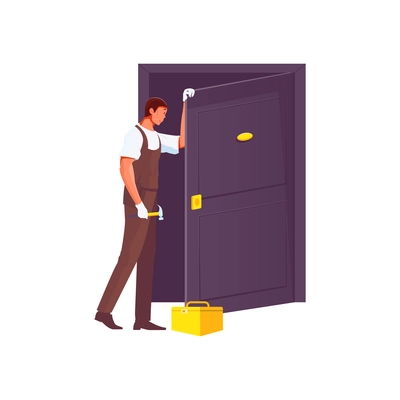 Worker repairing door flat vector illustration