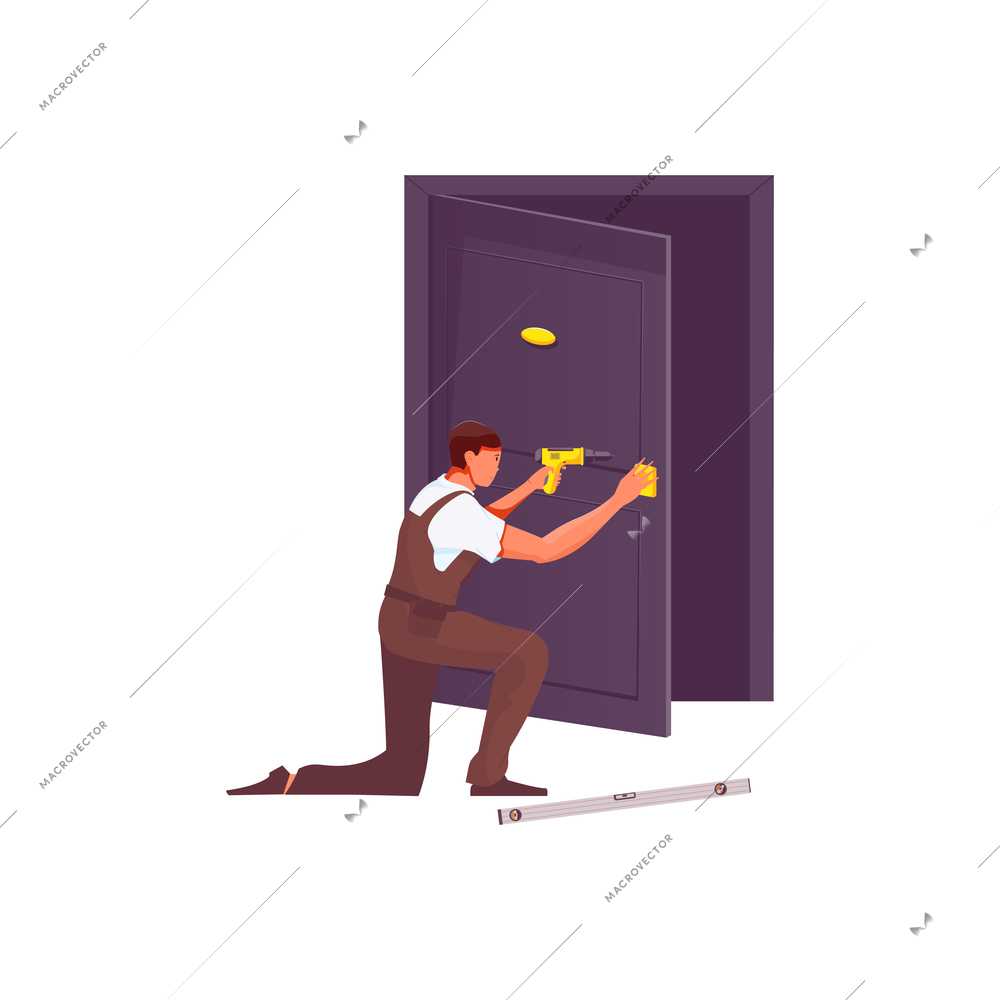 Man repairing door lock or handle flat vector illustration