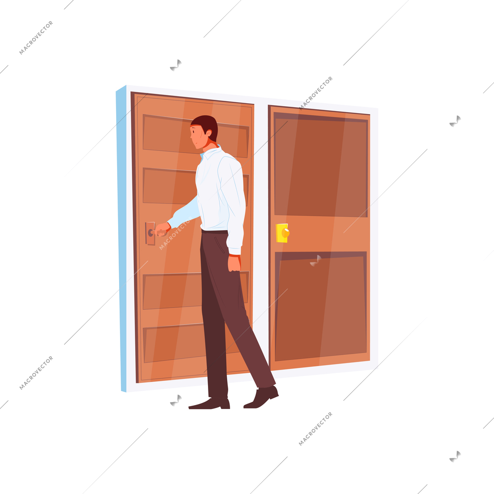 Man opening brown wooden door flat vector illustration