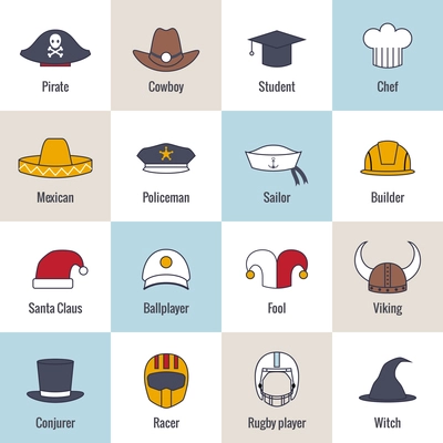 Modern and old hat and caps flat line icons set isolated vector illustration