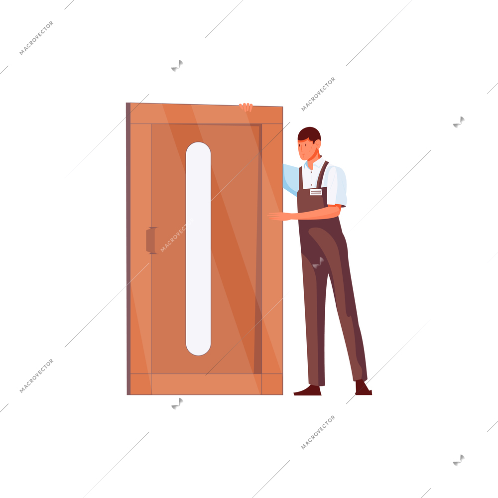 Worker in uniform and wooden door on white background flat vector illustration