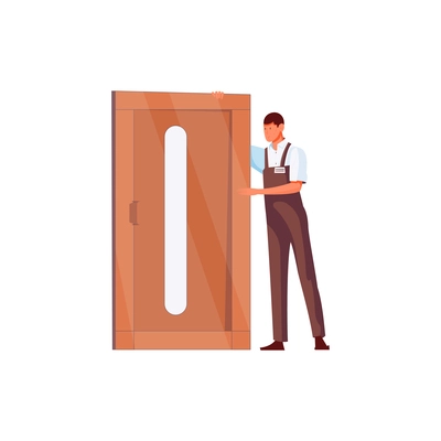 Worker in uniform and wooden door on white background flat vector illustration