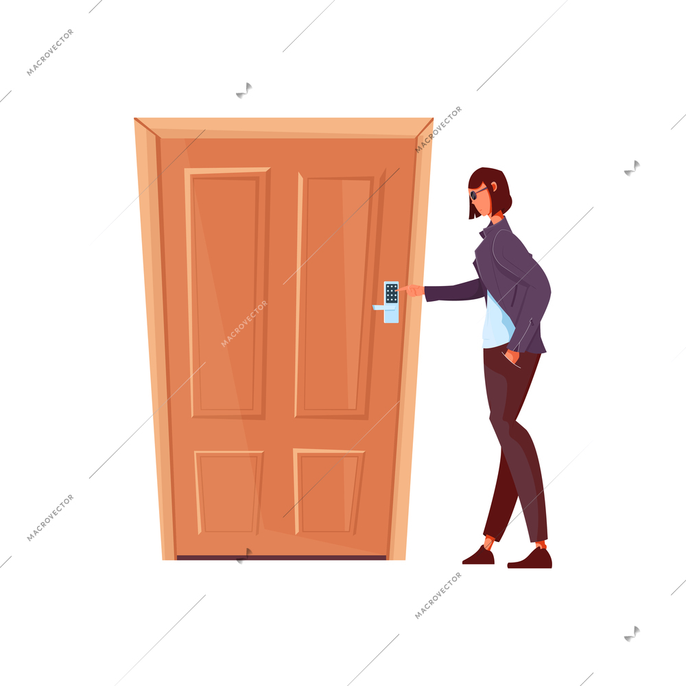 Flat woman opening door with numeric lock vector illustration