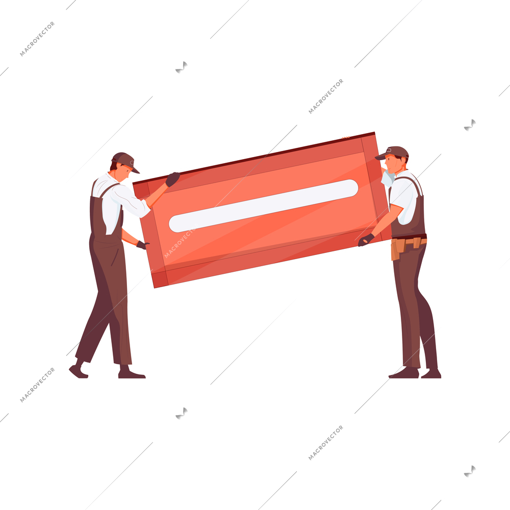 Two workers carrying new wooden door flat vector illustration