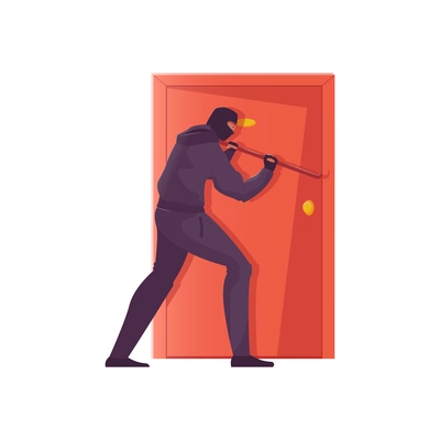 Burglar in black mask trying to hack door flat vector illustration