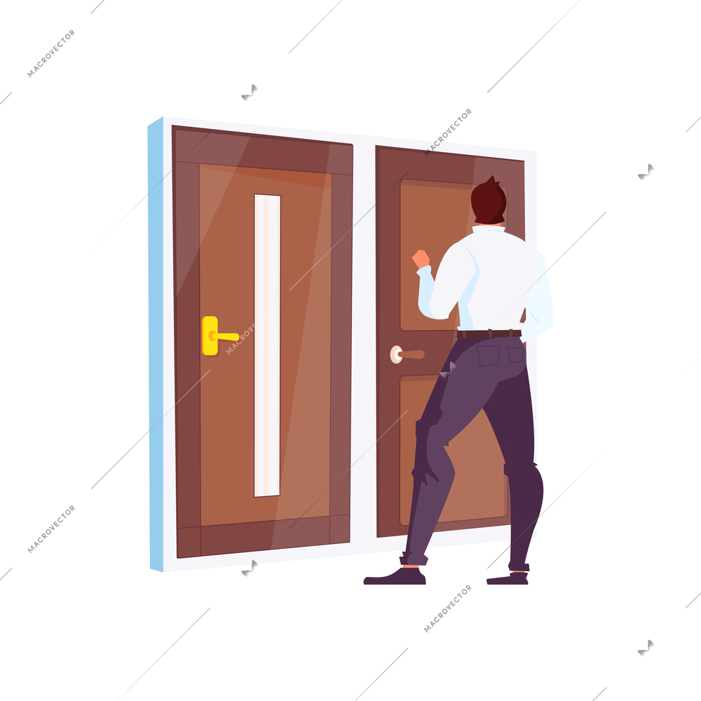 Man choosing wooden door at shop flat vector illustration