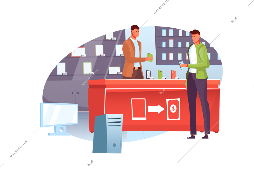 Man buying device at gadget pawnshop flat vector illustration