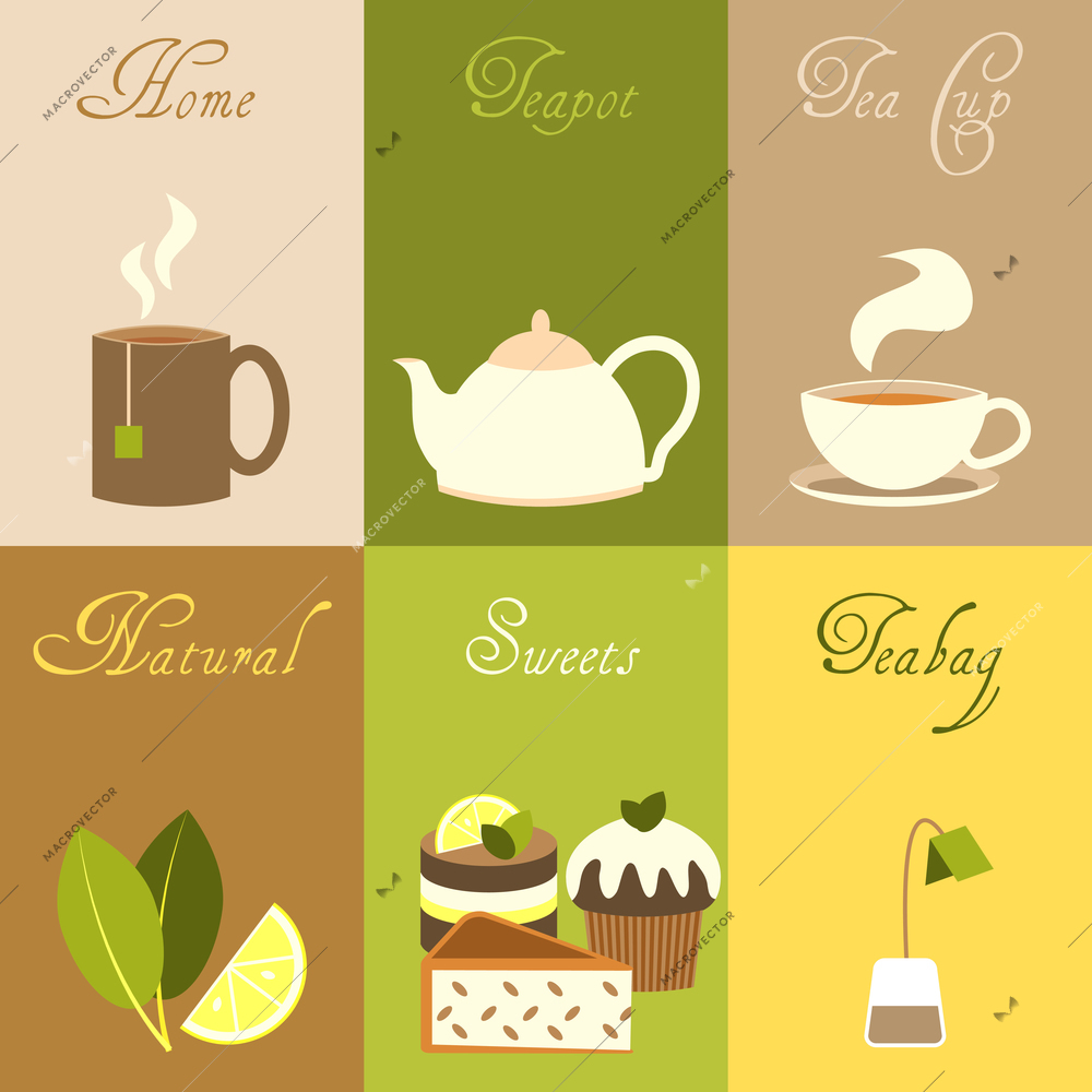 Tea mini posters set with home teapot cup natural sweets teabag isolated vector illustration.