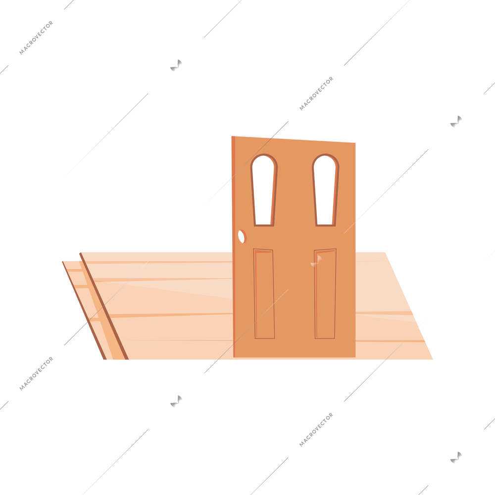 Single door and wooden planks on white background flat vector illustration