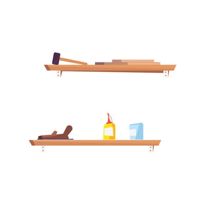 Construction tools flat icon with wood plane hammer planks on shelf isolated vector illustration