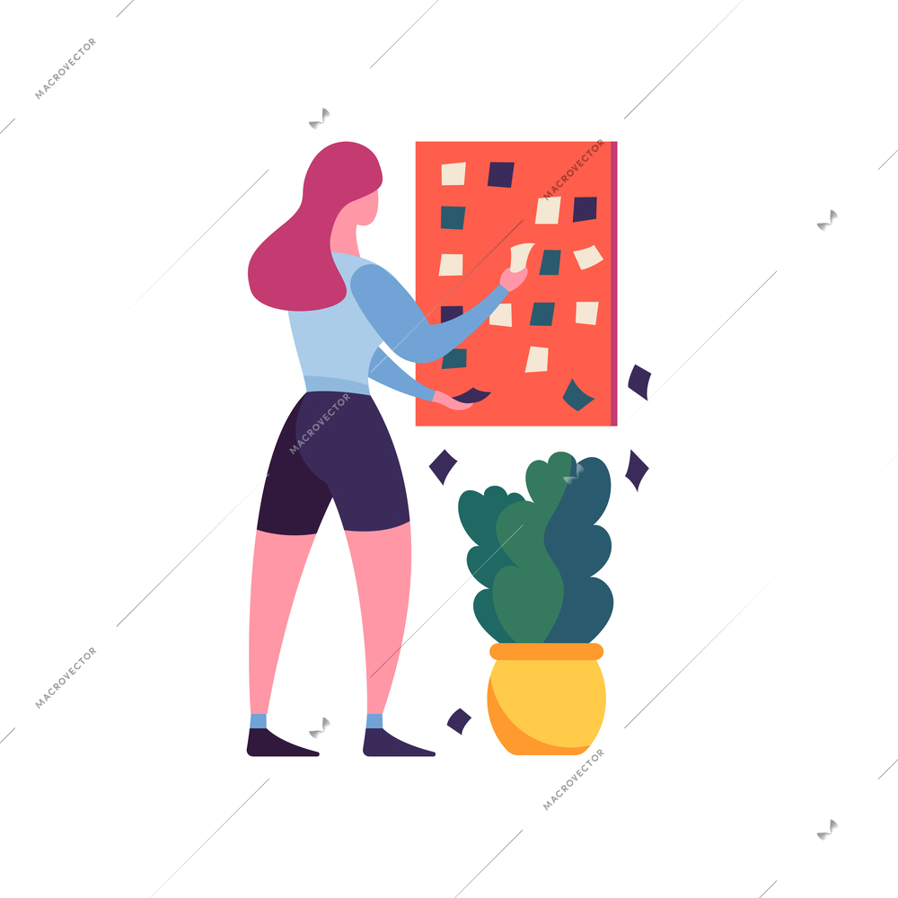 Task planning flat composition with woman and sticky notes vector illustration