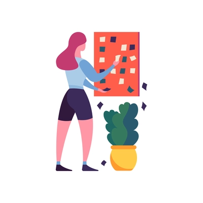 Task planning flat composition with woman and sticky notes vector illustration