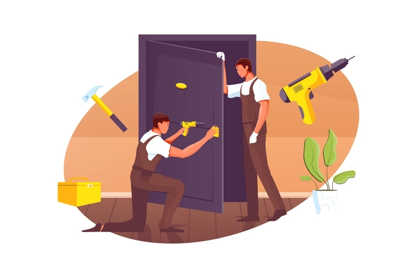 Two workers in uniform repairing room door flat vector illustration