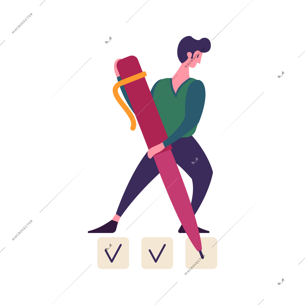 Successful task completion check list flat concept with human character and pen vector illustration