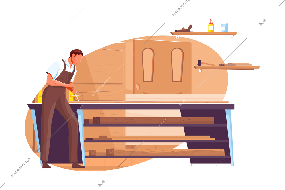 Carpenter making wooden doors at workshop flat vector illustration