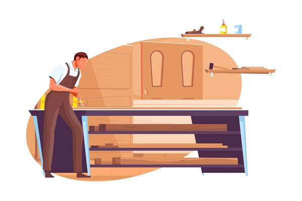 Carpenter making wooden doors at workshop flat vector illustration