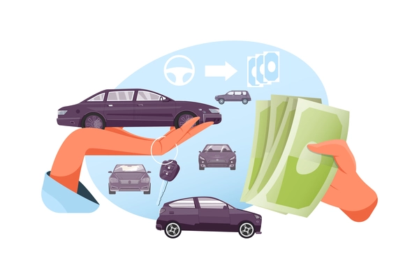 Pawnshop flat composition with cars and money vector illustration