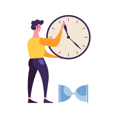 Effective time management flat concept with male character clock hour glass vector illustration