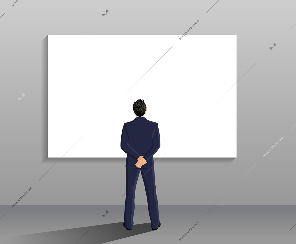 Businessman in suit full length back view in front of white board vector illustration