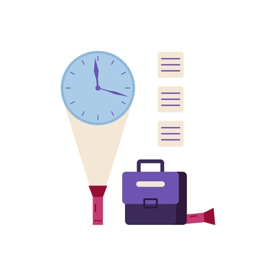 Time management symbols with clock suitcase flashlight on white background flat vector illustration
