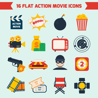 Action film movie production flat icons set of tv boom light camera isolated vector illustration