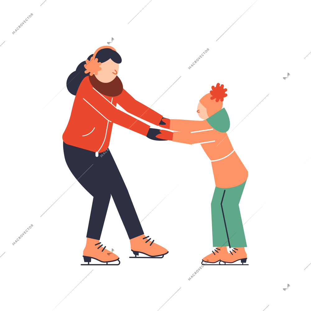 Family sport icon with mum teaching daughter to skate flat vector illustration