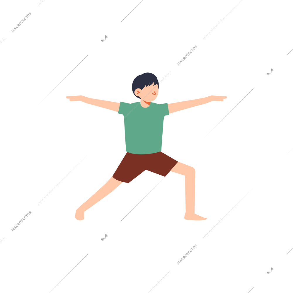 Small boy doing yoga on white background flat vector illustration