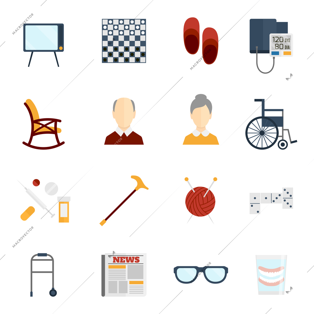 Pensioners life old man care icons flat set isolated vector illustration.