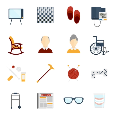 Pensioners life old man care icons flat set isolated vector illustration.