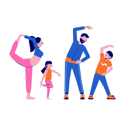 Family with two children doing sport together flat isolated vector illustration