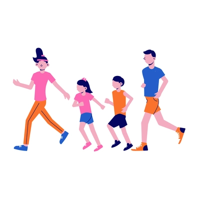 Family with two children doing fitness together flat isolated vector illustration