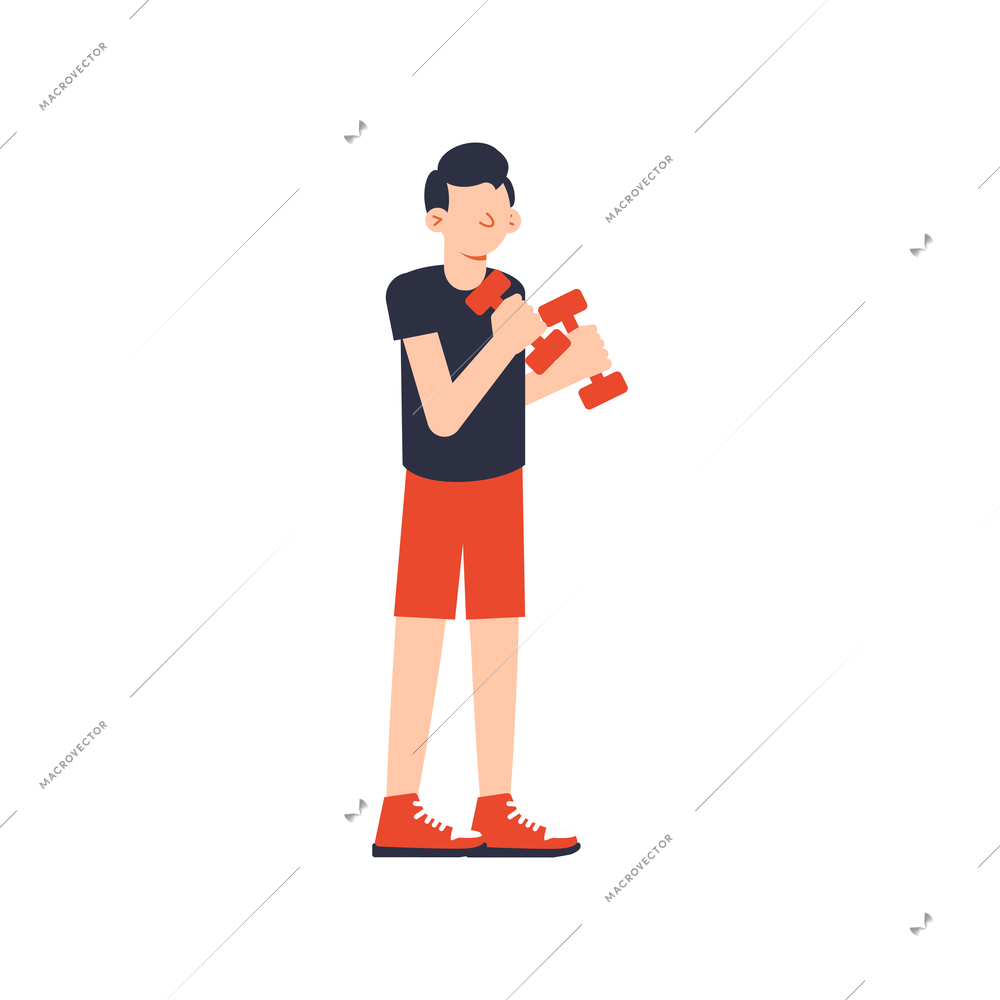 Boy doing fitness with dumbbells flat vector illustration