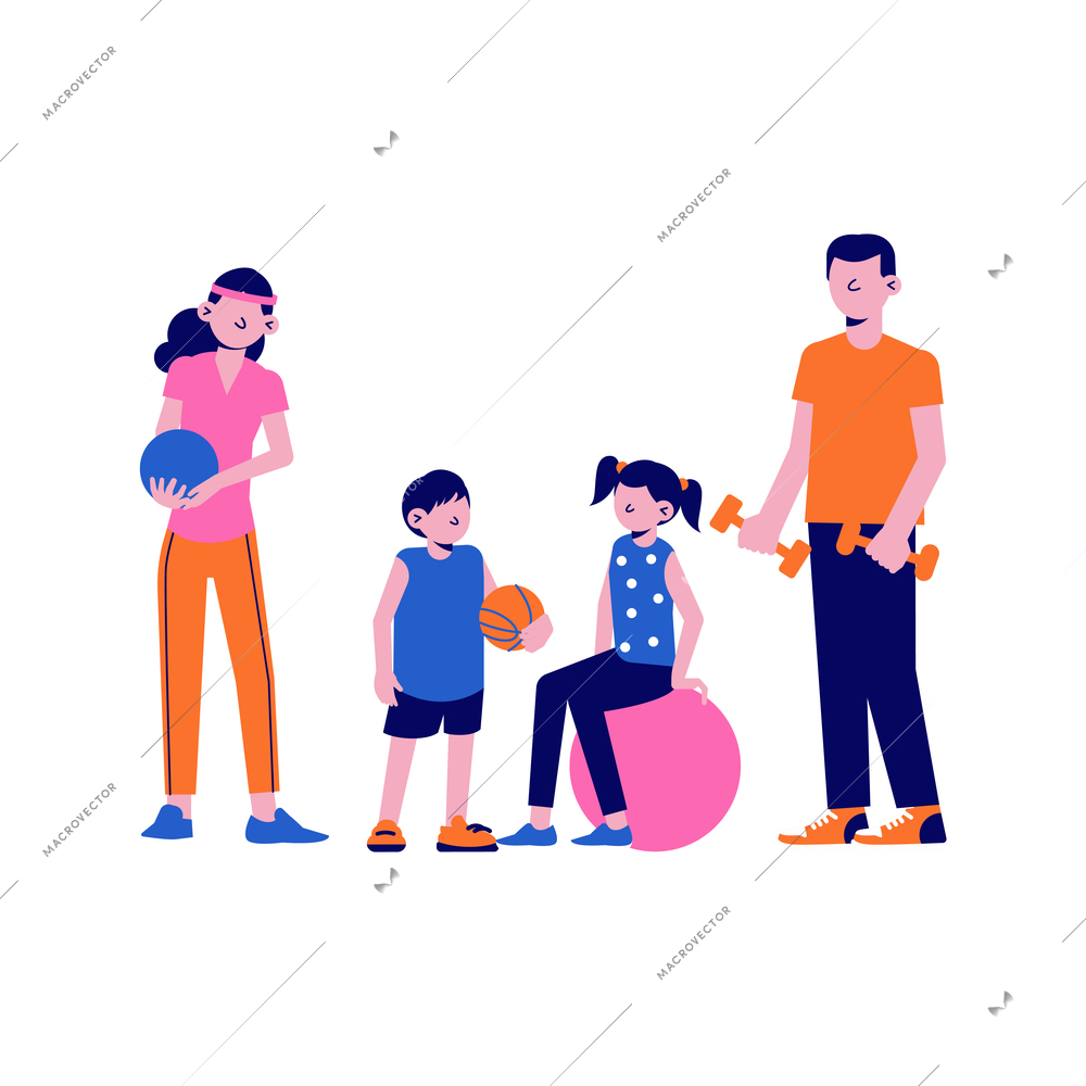 Family sport flat icon with parents and children doing fitness with balls and dumbbells isolated vector illustration