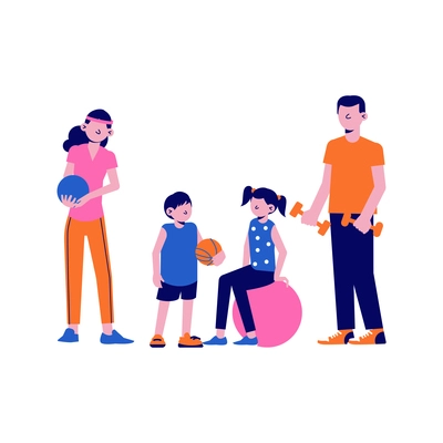 Family sport flat icon with parents and children doing fitness with balls and dumbbells isolated vector illustration